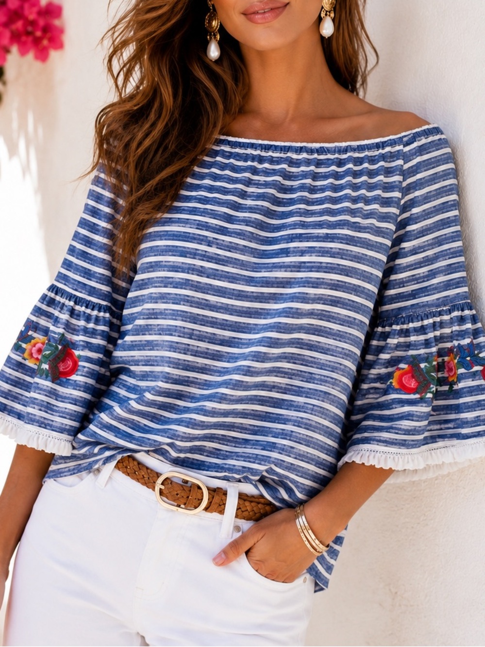 beachlunchlounge Blue and White Striped Off-Shoulder Bell Sleeve Top